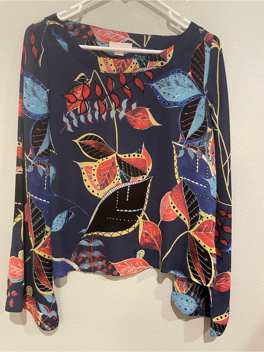 Finn & Grace Navy Floral Leaf Print Long Sleeve Blouse